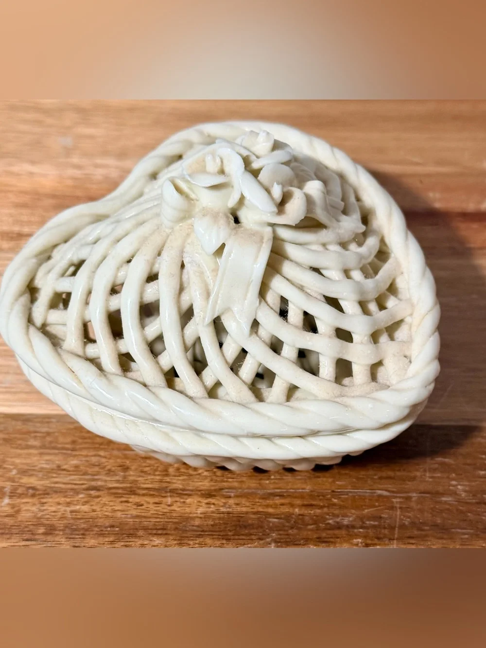 Vintage Ivory Lattice Heart shaped Ceramic Trinket Basket